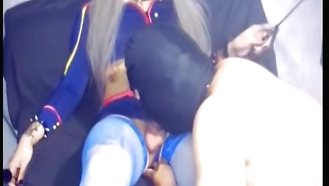 Sexy shemale cosplay sucks masked boyfriend's cock