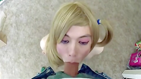 Blonde shemale gets a huge dick inside her mouth and deep throat