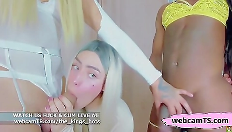 Ebony girl with large tits gets two hot babes deepthroated