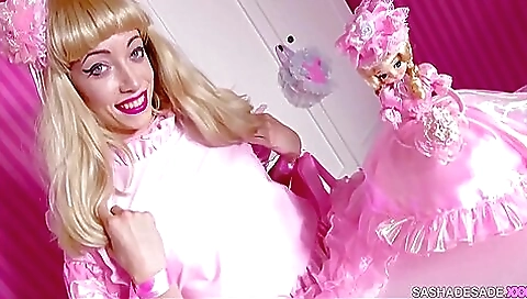 Busty blonde in pink dress and stockings gets her pussy fucked