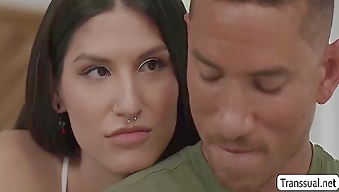 Horny shemale with a hairy pussy gets fucked by a guy