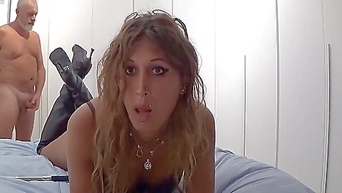 Latina shemale with natural boobs plays with the guy's cock